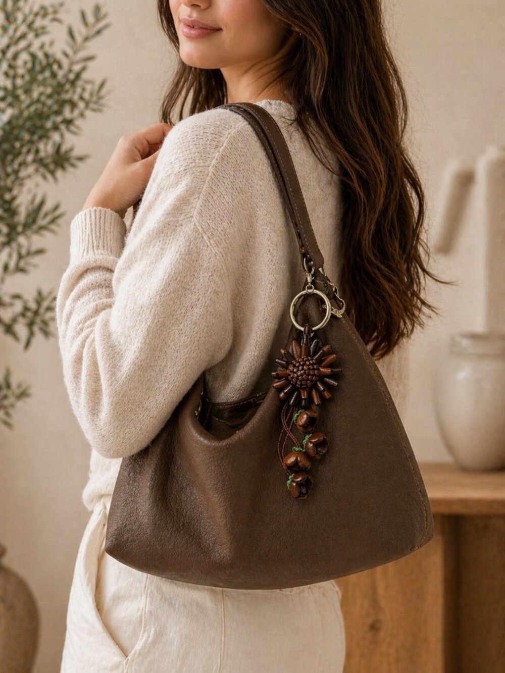 Handmade Leather Flower Bag Charm | Brown Artisan Keychain